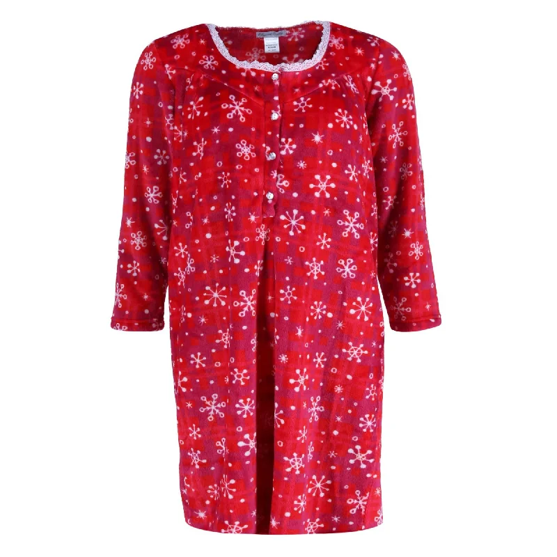 Women's Stylish Professional Apparel Women's Plush Red Snowflake Plaid Sleep Gown