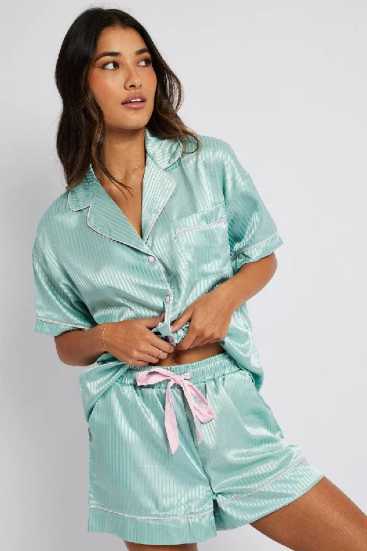Women's Apparel And Garments Green Stripe Satin Pj Jacquard Stripe Piping Pyjama Set Women's Apparel And Garments Green Stripe Satin Pj Jacquard Stripe Piping Pyjama Set