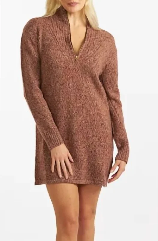 Affordable Luxury Women's Apparel Marled Wool Cashmere Half Zip Sweater Dress in Brown