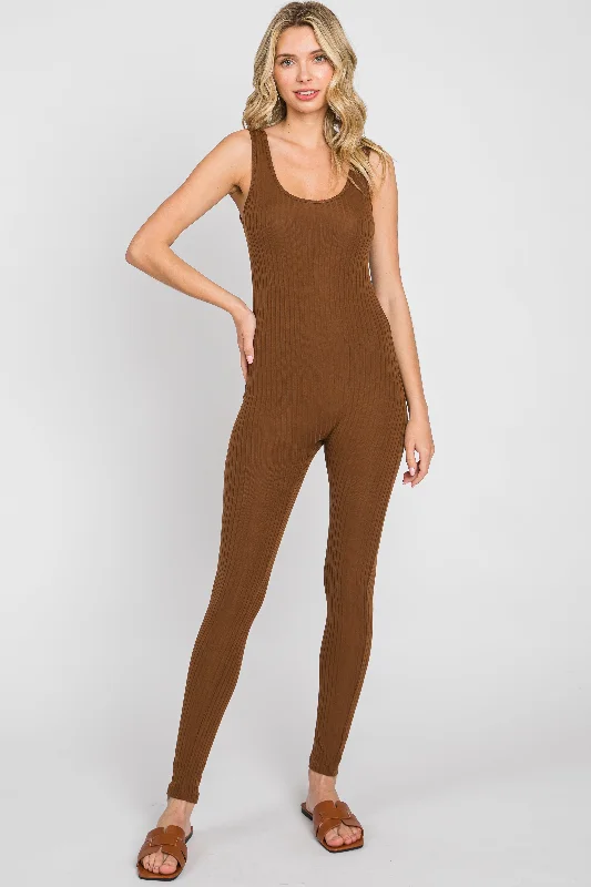 Stylish Women's Clothing Brown Ribbed Bodycon Jumpsuit