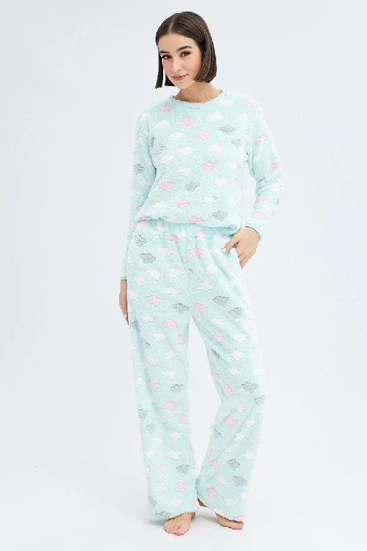 Women's Plus-Size Casual Outfit Green Print Fluffy Pj Mint Cloud Print Cosy Pyjama Set