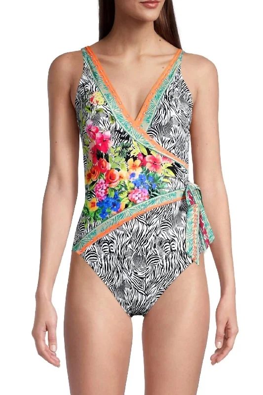 Stylish Outerwear Clothing For Women Zebra Print Wrap Style Swimsuit In Multi