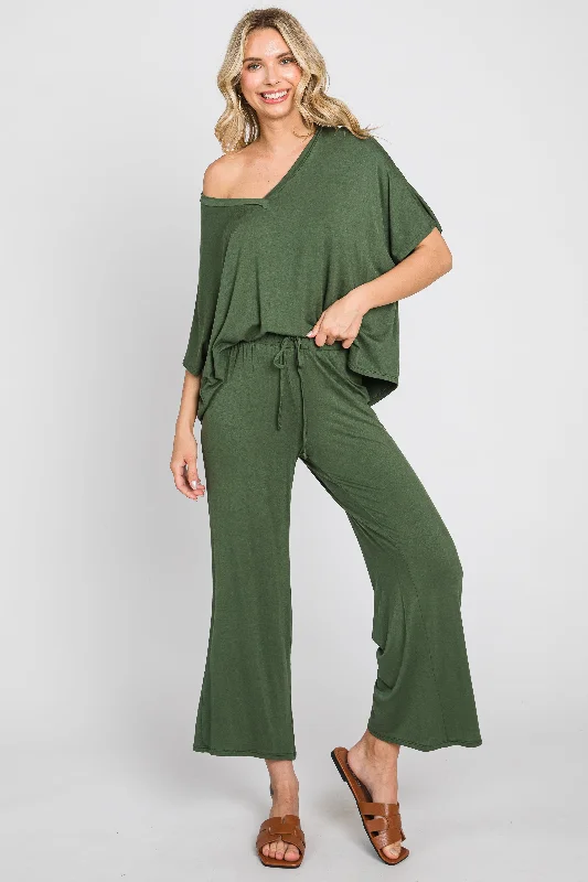 Women's Clothing Sets Olive Cropped Pant Set