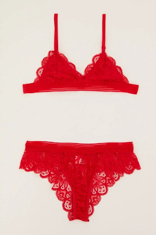 Women's Clothes For Work Red Lace Lingerie Set