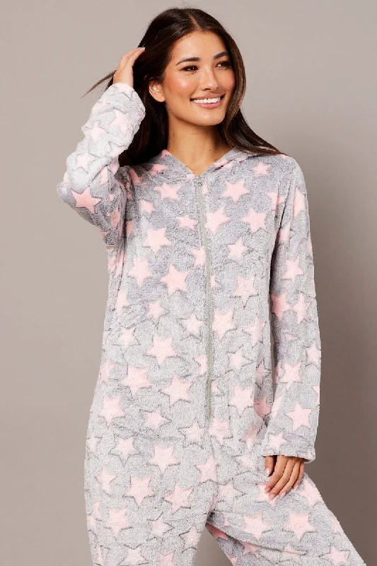 Women's Vacation Outfit Set Grey Print Fluffy Pyjama Onesie Star Fleece Nightwear PJ