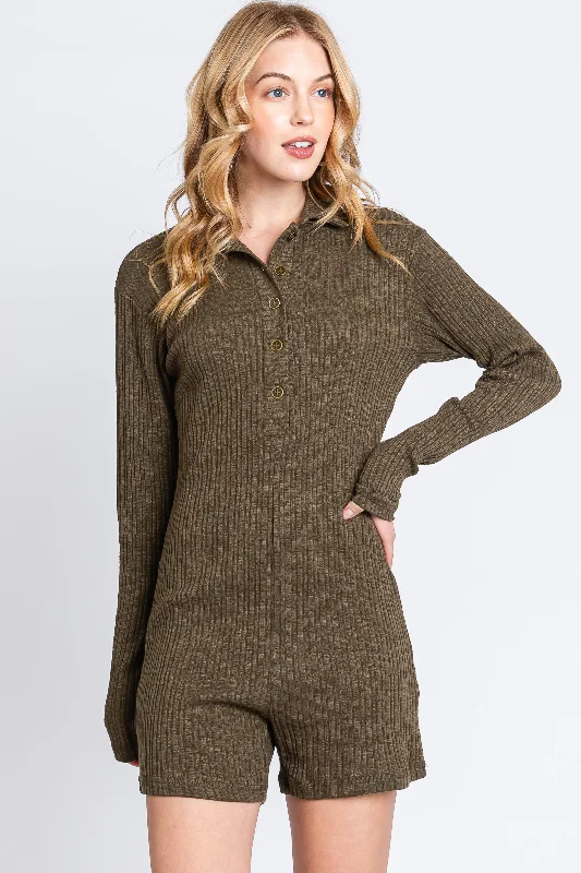 Women's Clothing For Holiday Travel Olive Rib Knit Collared Romper