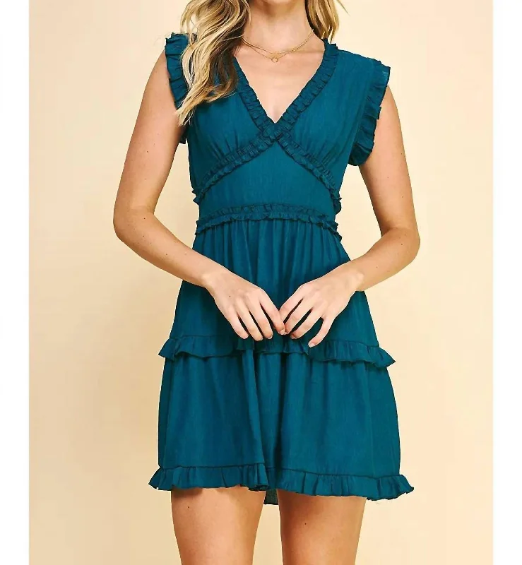 Women's Clothes For Special Occasions V-Neck Ruffle Dress In Teal