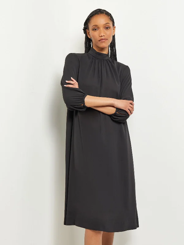 Comfortable Women's Clothes Pleated Mock Neck Crepe de Chine A-Line Dress