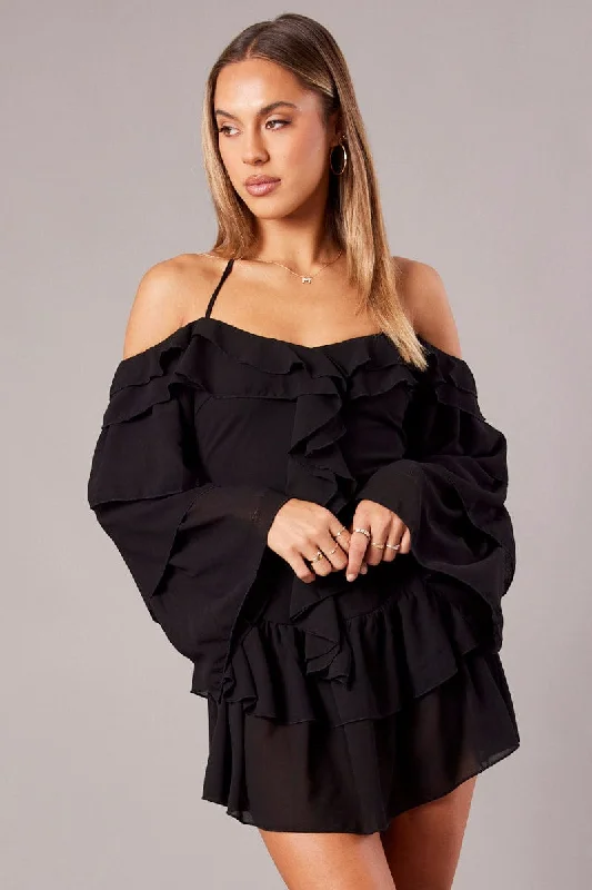Big Sale Event Black Ruffle Dress Bardot Layered Frill Sleeve Dress