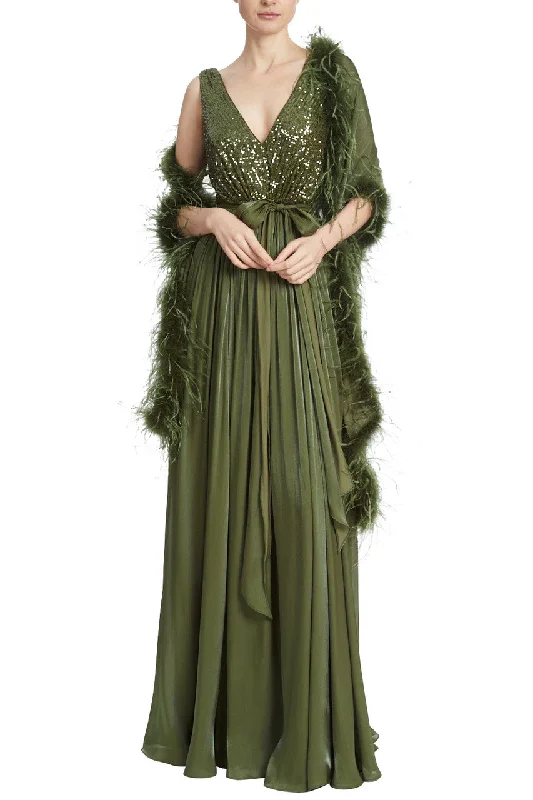 Versatile Women's Fashion Gown w/ Feather Wrap - Moss