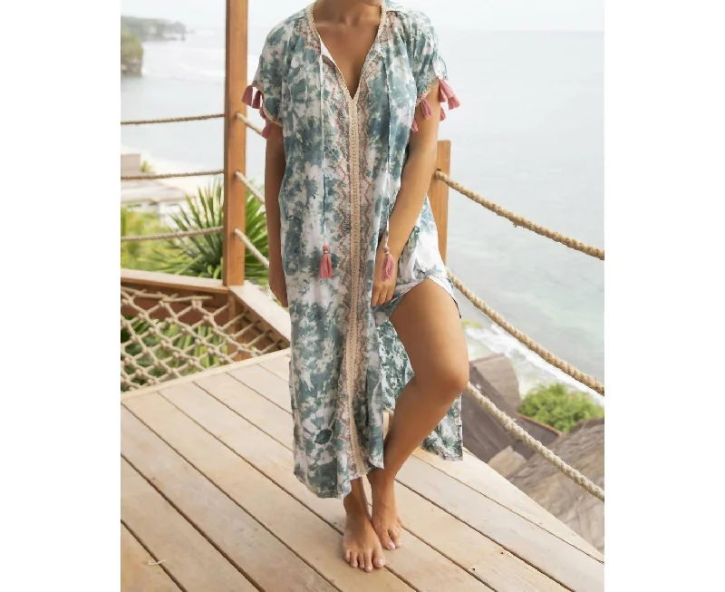 Women's Fashion Clothing Skemo Jelly Aqua Beaded Long Kaftan Dress In Teal