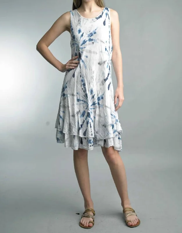 Online Clothing Stores Tie Dye Tank Dress With Double Ruffle Hem in White