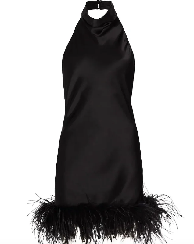 Chic Casual Wardrobe Essentials Lunaria Silk Halter Dress With Feather Trim in Black