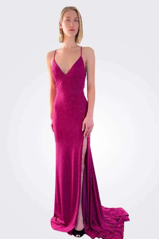 Women's Clothing For Special Occasions Tie Back Glitter Gown - Fuchsia