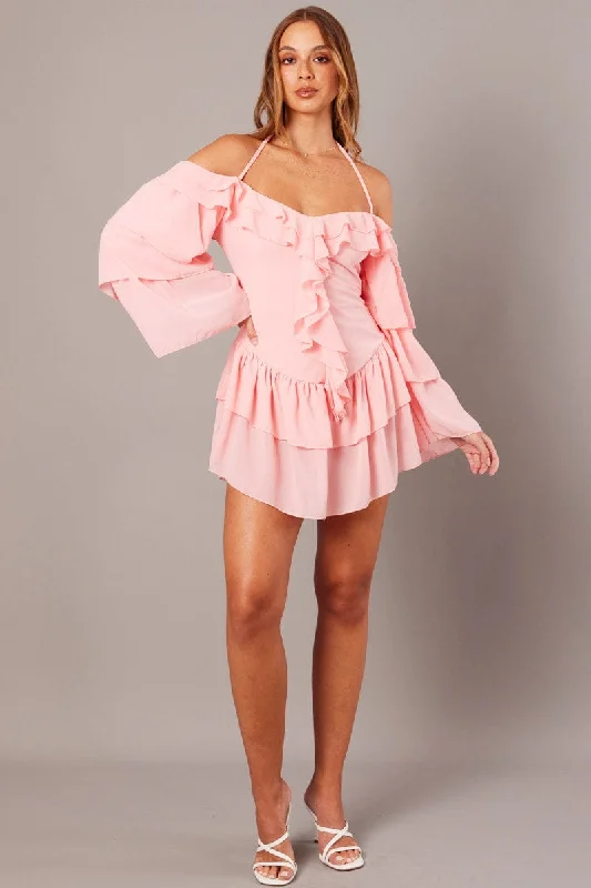 Women's Night-Out Outfit Pink Ruffle Dress Bardot Layered Frill Sleeve Dress