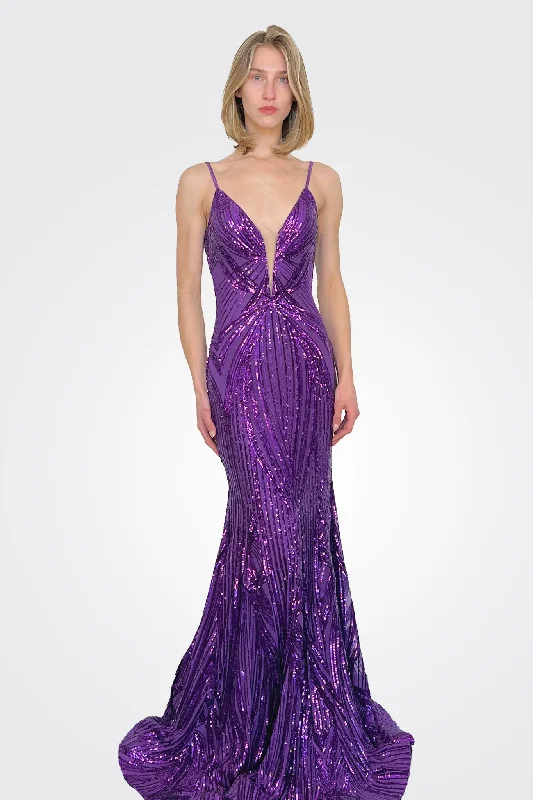Women's Fashionable Clothing Sets Plunging Neck Embellished Gown - Purple