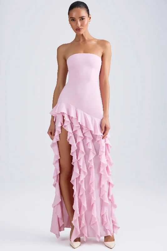 Women's Luxury Attire Ruffle-Trim Strapless Gown in Light Pink