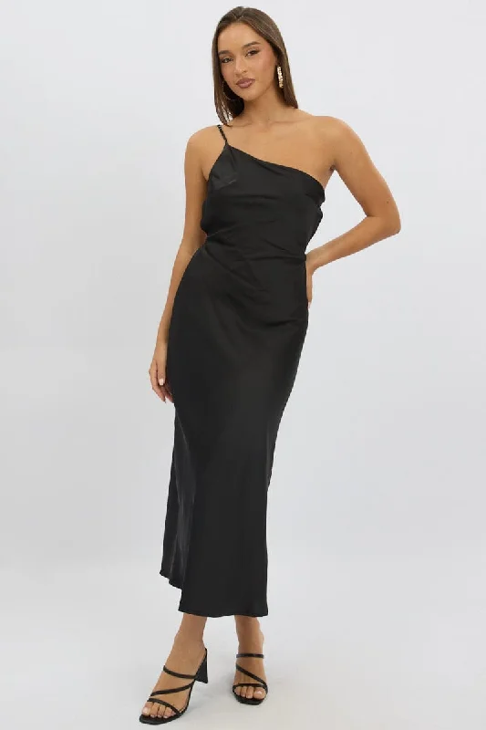 Women's Vintage Garments Black One Shoulder Dress Satin