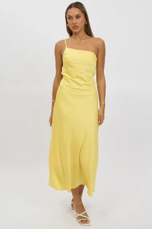 Stylish Women's Garments For Holidays Yellow One Shoulder Dress Satin