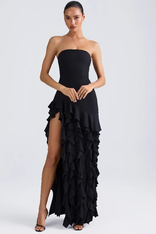 Women's Fashion Clothing Ruffle-Trim Strapless Gown in Black