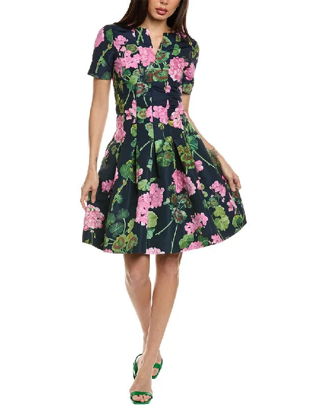 Casual Attire For Women Oscar de la Renta V-Neck Geranium Faille Silk-Lined A-Line Dress