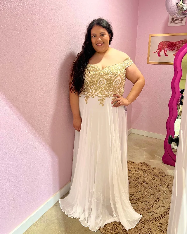 Women's Casual Dresses Plus Gold & White Off Shoulder Wedding Gown