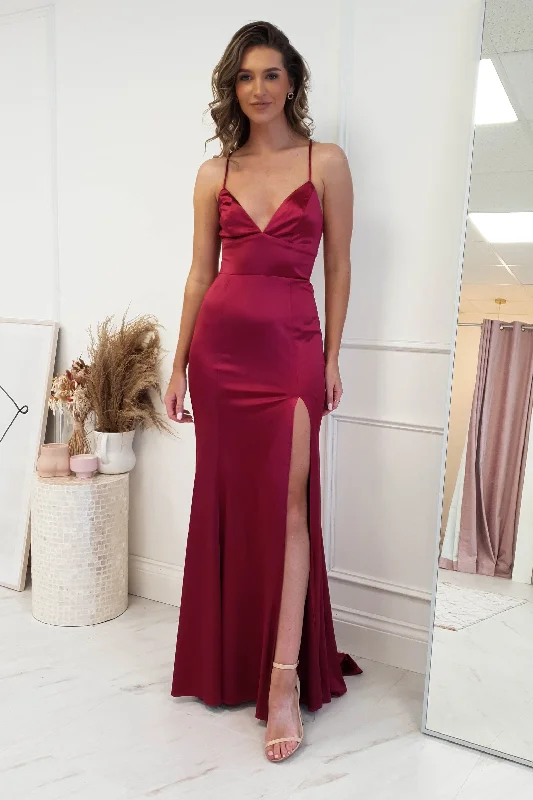 Women's Street Style Casual Wear Charmed Long Satin Gown | Wine