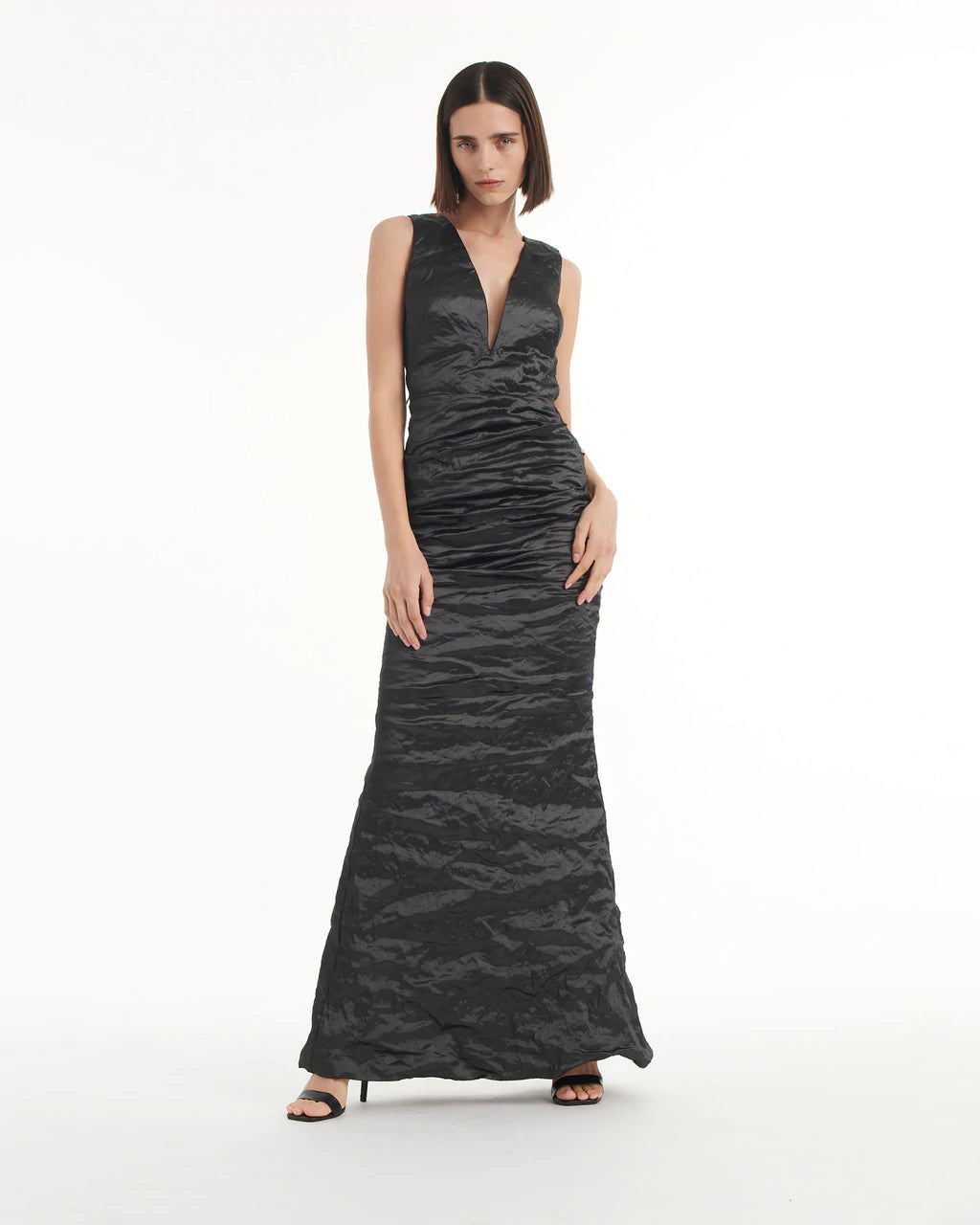 Formal Clothing For Women Solid Techno Metal Plunge Gown - Black