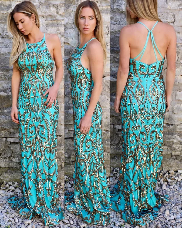Women's Clothes For Special Occasions Turquoise + Gold Sequin Paisley Gown