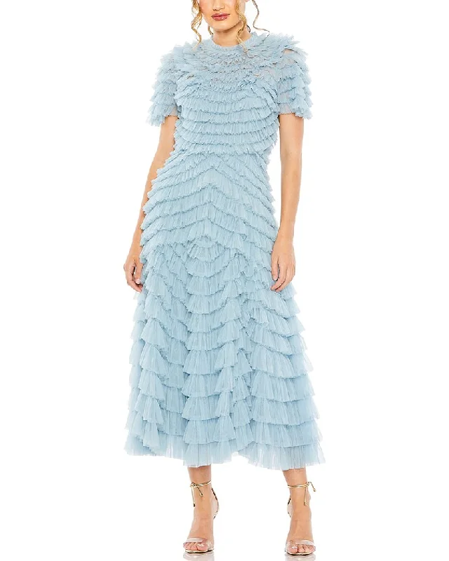 Casual Fashion for Women Mac Duggal High Neck Short Sleeve Tiered Ruffle A-Line Dress