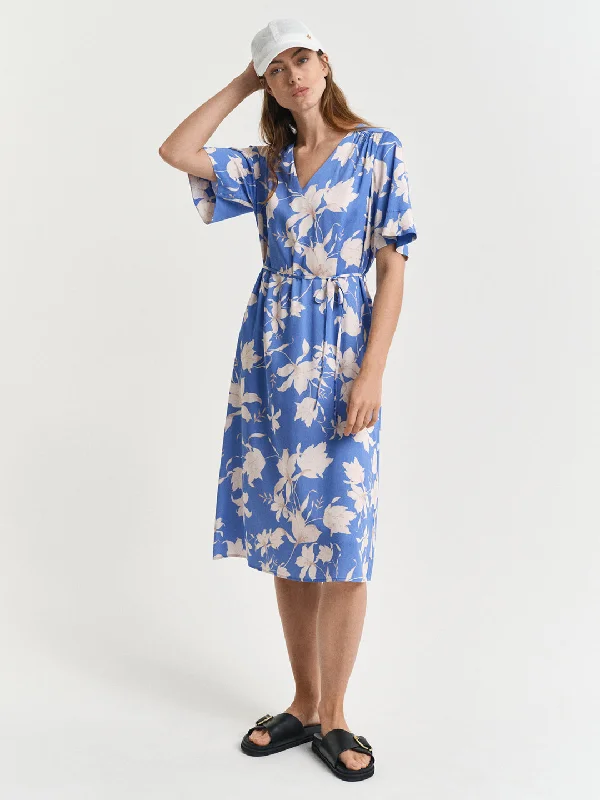 Luxury Women's Fashion Gant Women Blue V-Neck Short Sleeves A-Line Dress