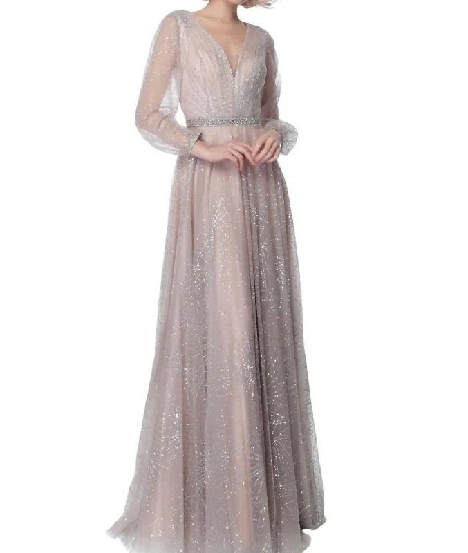 Women's Outerwear Clothing Glittered V-Neck A-Line Dress In Nude