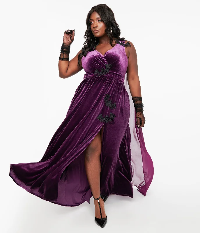 Women's Casual Attire Unique Vintage Plus Size Eggplant & Black Bat Velvet Cape Gown