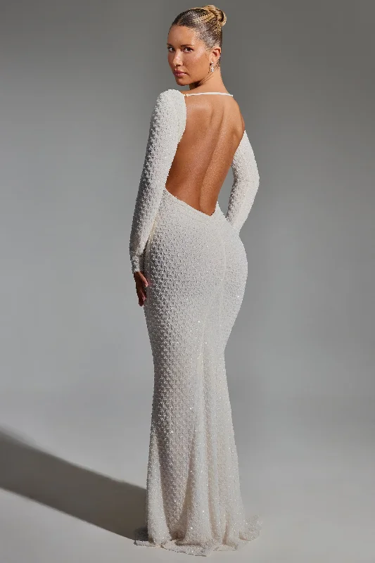Plus Size Women's Fashion Embellished Open-Back Gown in White