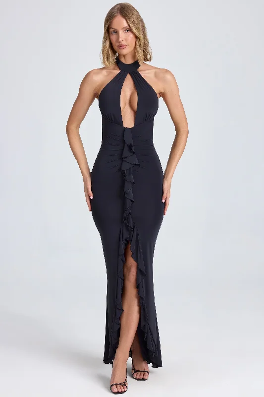 Women's Party Clothes Halterneck Ruffle-Trim Gown in Black