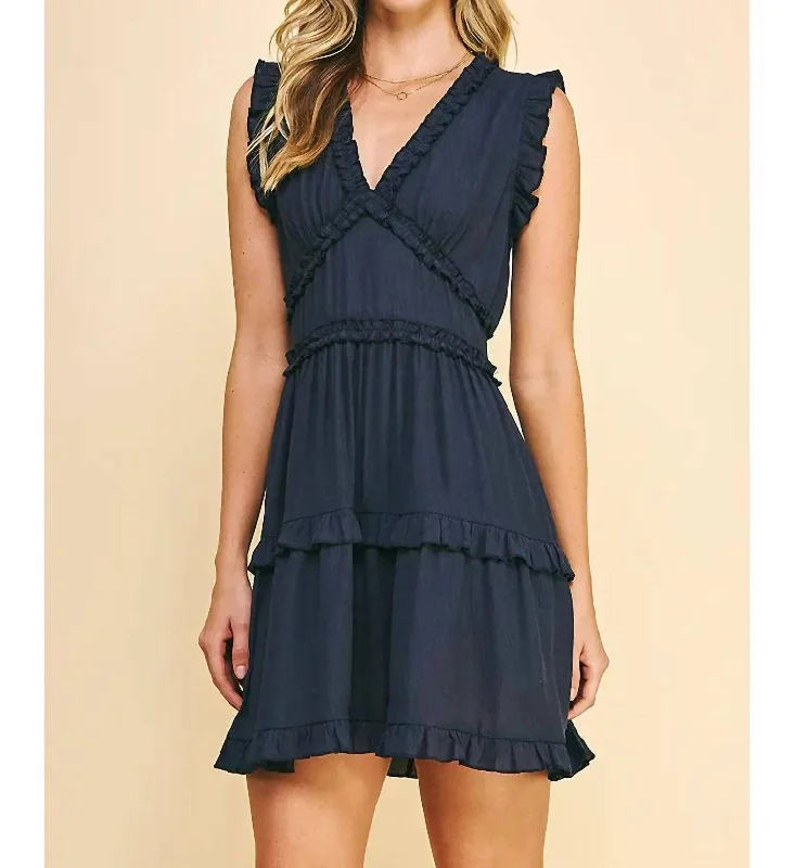 Women's Plus-Size Clothes V-Neck Ruffle Dress In Navy