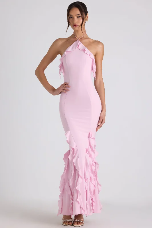 Best Online Clothing Boutiques Ruffle-Trim Halterneck Gown in Soft Pink