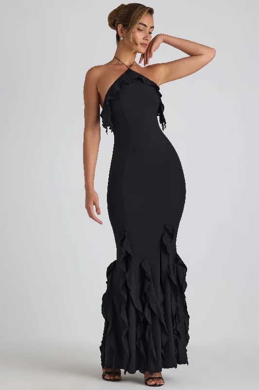Luxury Women's Clothes Ruffle-Trim Halterneck Gown in Black