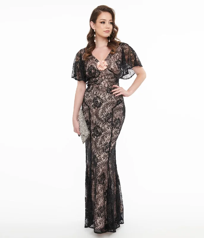 Women's Vacation Clothes Unique Vintage 1930s Black Lace & Peach Lining Flutter Sleeve Gown