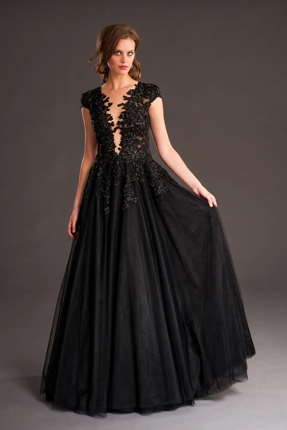 Women Fashion Sleeve Lace Plunging Neckline Gown - Black