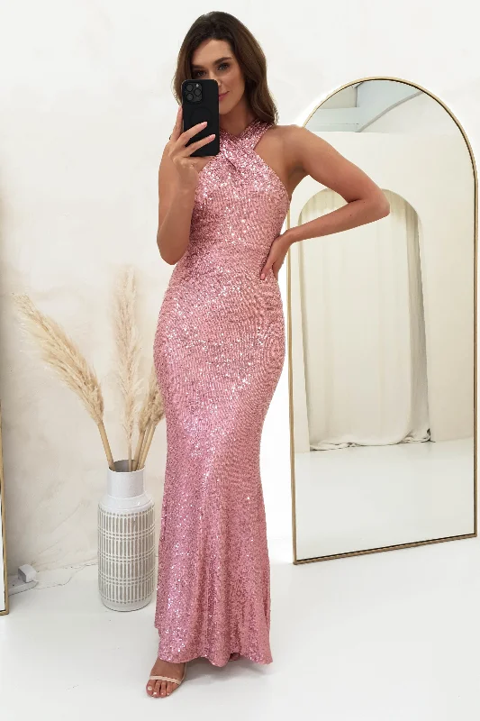 Women's Clothing For Special Occasions Jozelle Sequin Halterneck Bodycon Gown | Rose Gold