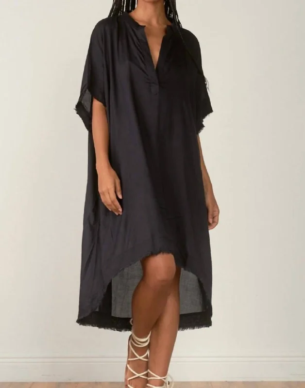 Comfortable Women's Apparel Frayed Edge V-Neck Dress in Black