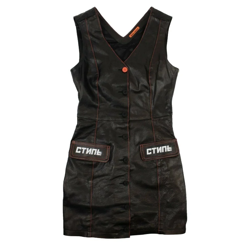 Women's Professional Clothes Women's Black Leather V-Neck Dress Size