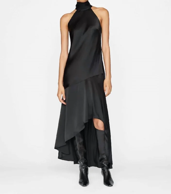 Women's Trendy Attire Draped Neck-Tie-Halter Dress In Noir