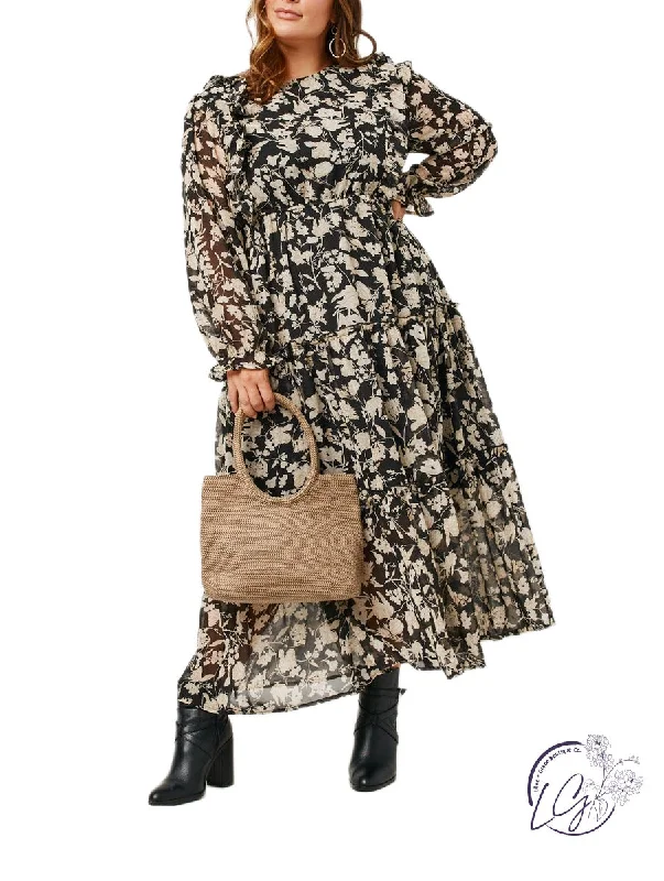 Women's Holiday Outfit Curvy Floating Florals Chiffon Maxi Gown