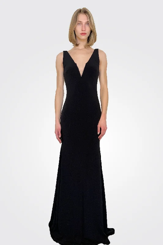 Affordable Women's Clothing Low V Open Back Gown - Black