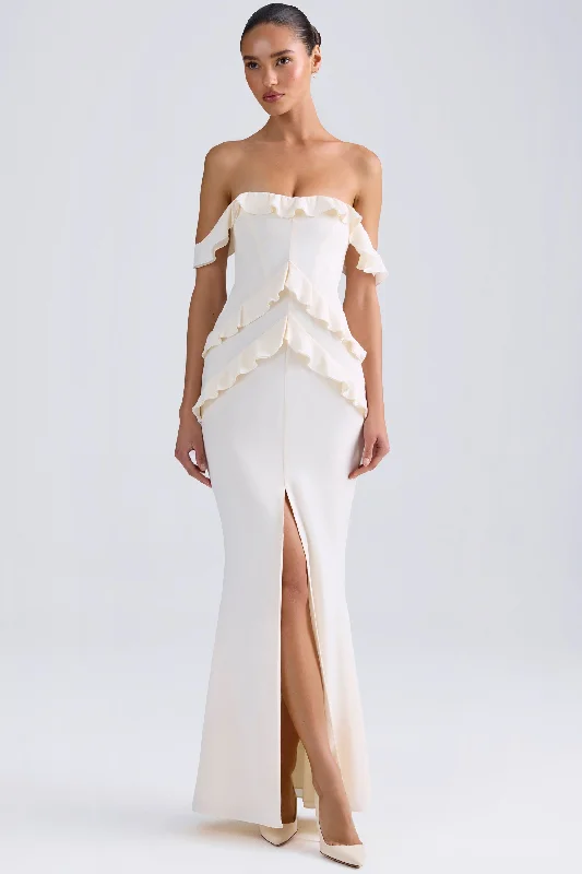 Easygoing Women's Style Off-Shoulder Ruffle-Trim Gown in Ivory