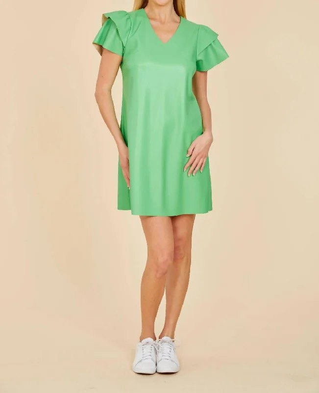 Versatile Women's Fashion Faux Leather Dress With Flutter Sleeves In Kelly Green