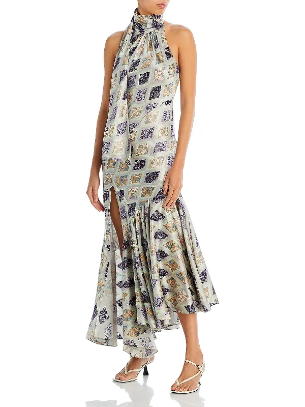 Women's Elegant Evening Attire Womens Silk High Neck Halter Dress