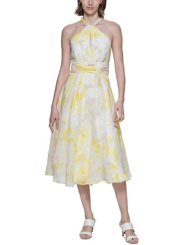Women's Holiday Clothing Womens Printed Tea Length Halter Dress